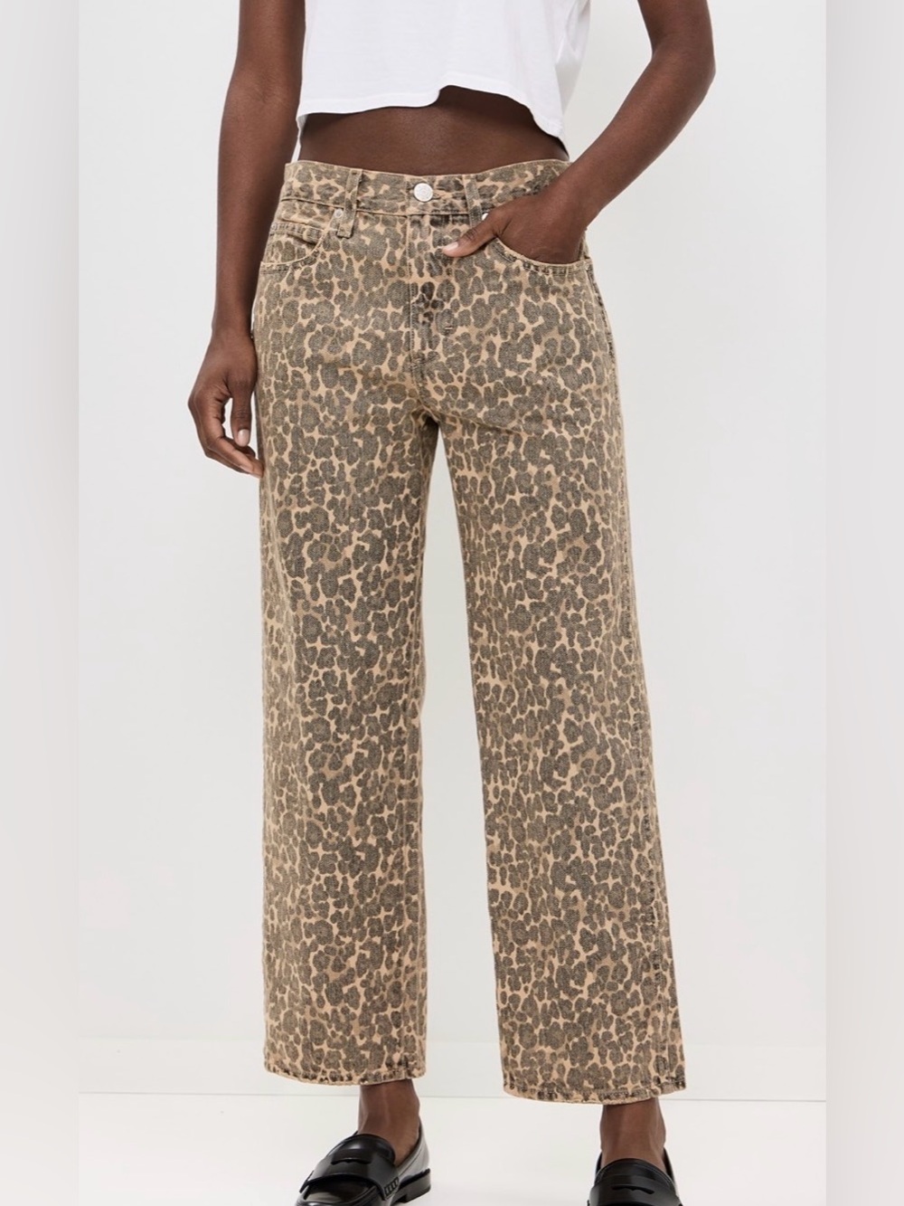 AMO Billie Mid Rise Straight Leg Leopard Print Jeans Women's 28 Cropped